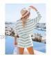 FRMUIC Women's Round Neck Striped Printing Long Sleeved T Shirt Shorts Casual Two-Piece Suit Loose Fashion Top