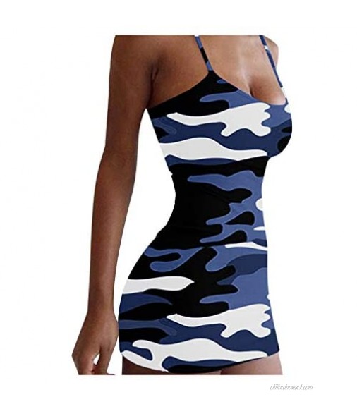 FUNEY Women's Sexy Slim Camouflage Print Cami Dress Casual Sleeveless Bag Hip Dresses Soft Sleepwear for Club Party
