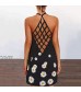GIJK Spaghetti Strap Mini Dress for Women Summer Sleeveless Deep V-Neck Crisscross Backless Sundress Floral Print Cami Dress