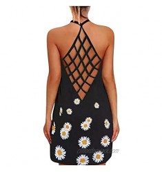 GIJK Spaghetti Strap Mini Dress for Women Summer Sleeveless Deep V-Neck Crisscross Backless Sundress Floral Print Cami Dress