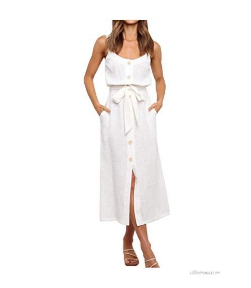 GIJK Women's Spaghetti Strap Maxi Dress Summer Sleeveless Adjustable Drawstring Buttons Dresses Solid Color Prom Sundress