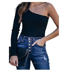 Happy Sailed Women's Sexy One Shoulder Long Sleeves Bodycon Tops High Waist Bodysuit S-L
