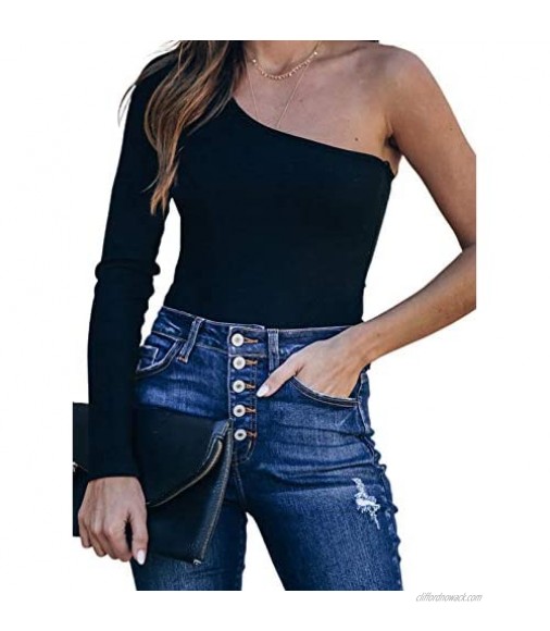 Happy Sailed Women's Sexy One Shoulder Long Sleeves Bodycon Tops High Waist Bodysuit S-L