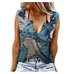 HOLATOK Summer Women's Word Map Shirts Sleeveless Buttons V Neck T-Shirt Vest Blouses Casual Tank Tops