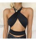 Honiser Womens Crisscross Halter Neck Cutout Top Sexy Low Chest Solid Color Detail Strappy Tie Backless Wrap Crop Cami Tops