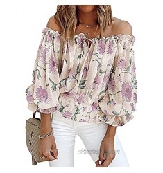 Howley Womens Graphic Tops Summer Off Shoulder Floral Blouse Shirt Casual 3/4 Sleeves Ruffle Flowy Tunic Tee