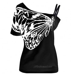 Howley Women's Plus Size T Shirt Casual One Off Shoulder Strappy Blouse Tops Butterfly Print Short Sleeve Tunic Tee