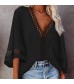 Howley Womens Tops Summer Lace Patchwork Blouse Casual Solid Color V Neck T Shirts Baggy 3/4 Sleeves Tunic Tee