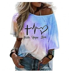 HUPAI Women's Short Sleeve T-Shirt Gradient Faith Hope Love Shirt Casual Strapless Blouse Loose Tops