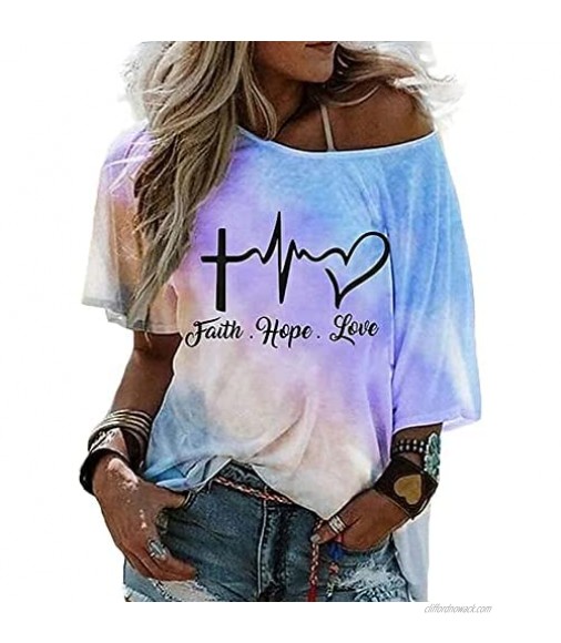 HUPAI Women's Short Sleeve T-Shirt Gradient Faith Hope Love Shirt Casual Strapless Blouse Loose Tops