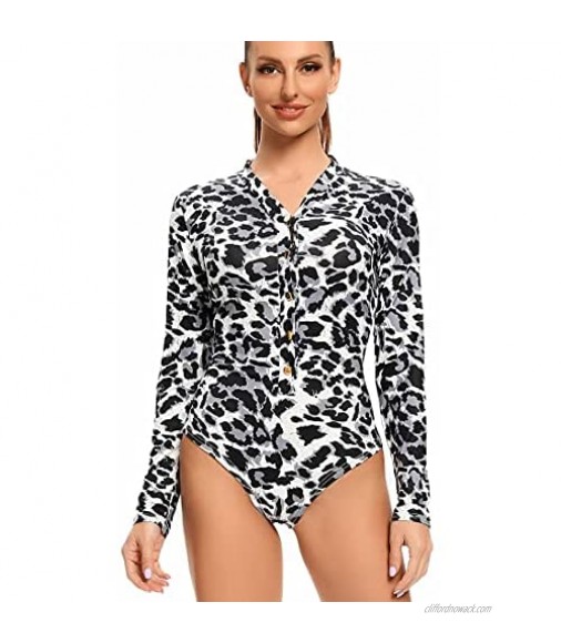 Joyshaper Leopard Bodysuit for Women Sexy Long Sleeve Button Down Bodysuit Tops Jumpsuit Leotard