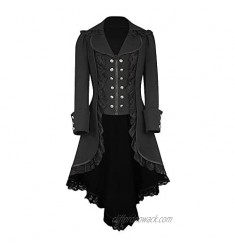 Keepmove Fashion Womens Long Sleeve Gothic Vintage Irregular Tailcoat Solid Pocket Button Jacket Retro Lace Coat