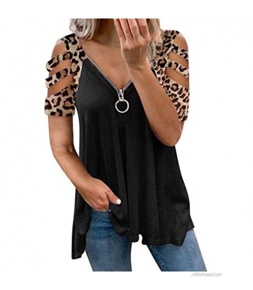 QUNANEN Womens T Shirts Short Sleeve Striped Color Block Leopard Casual Tops