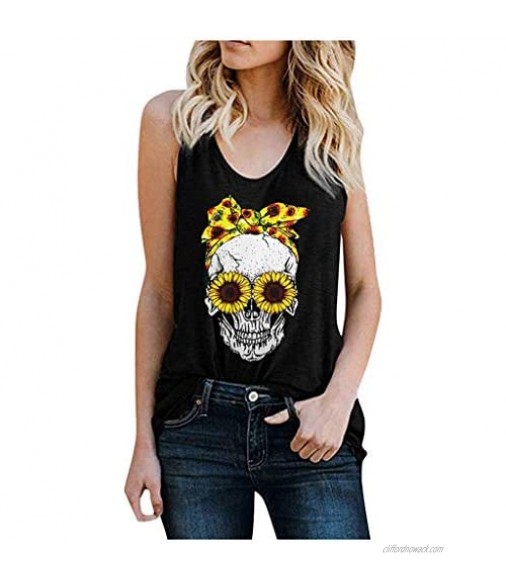 SHOBBW Women's Fashion Summer Casual O-Neck Floral Skull Print Sleeveless T-Shirt Tank Top Vest