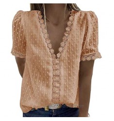 VJGOAL Womens FashionV Neck Lace Jacquard Short Sleeve& Sleeveless Casual T-Shirt Top Blouses Plain Elegant Tops