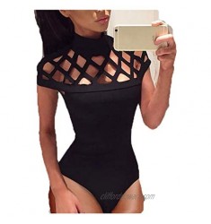 Women Jumpsuit  Choker High Neck Bodycon Caged Sleeves Jumpsuit Bodysuit Tops