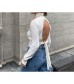 Women Sexy Bodysuit Long Sleeve Cut Out Neck Turtleneck Backless Bandage Ribbed Crop Top Shirt