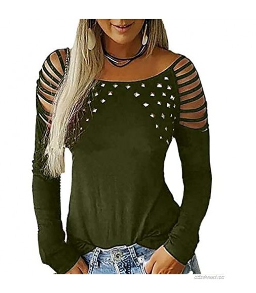 Women's Fall Tops Hollow Out Cold Shoulder V Neck Elegant Solid Long Sleeve Shirt Casual Blouse Tunic Tee