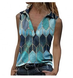Women's Fashion V Neck Geometric Print Sleeveless Vest T-Shirt Loose Tank Top