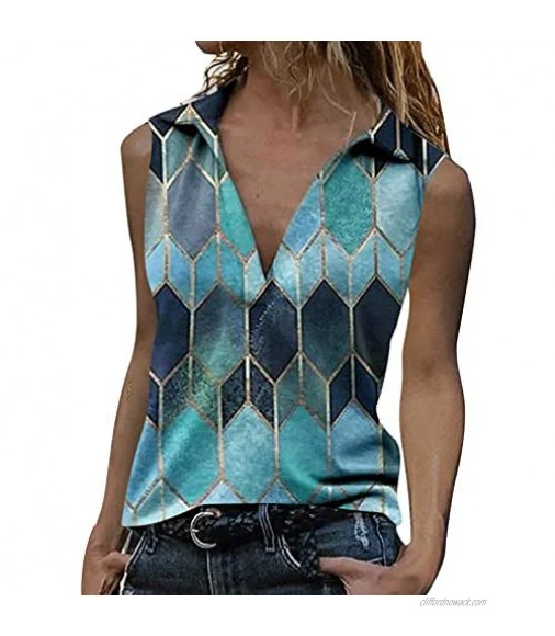 Women's Fashion V Neck Geometric Print Sleeveless Vest T-Shirt Loose Tank Top