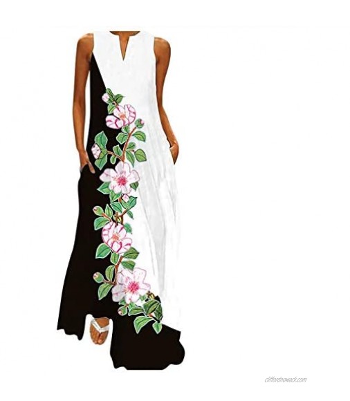 Womens Maxi Dresses Casual Sleeveless Long Dresses Plus Size Sundress Fashion Print Summer Beach Dress with Pockets