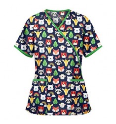 Women's Scrub Tops Working Uniform Print Short Sleeve V-Neck T-Shirt Casual Tunic Workwear with Pockets Plus Size Blouses