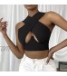 Womens Sexy Camisole Crisscross Cut Out Vest Halter Summer V Neck Elastic Lace Up Solid Color Sleeveless Halter Tops