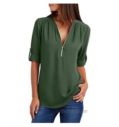 Womens Summer Casual Short Sleeve V Neck Half Zipper Up Tunic Tops Blouse T-Shirts Chiffon Solid Shirt Tank Tops Vest