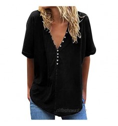 Womens Summer Tops Baggy V-Neck Shirts Flowy Short Sleeve Button Front Blouse Loose Casual Basic Tunic Tees T-Shirt