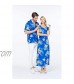 Couple Matching Hawaiian Luau Shirt Cap Sleeve Maxi Dress in Hibiscus Blue