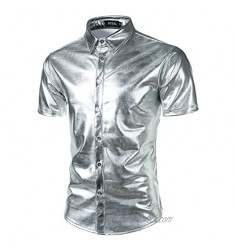 JOGAL Men's Dress Shirts Nightclub Metallic Silver Short Sleeve Button Down Shirts