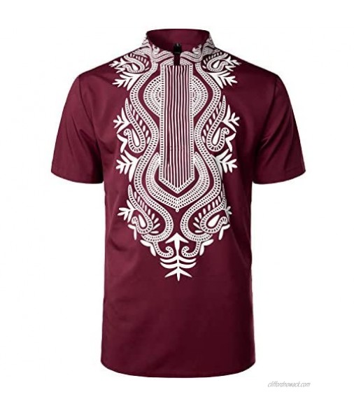 LucMatton Men's African Traditional Printed Dashiki Luxury Hidden Button Short Sleeve Shirt