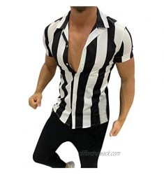 Casual Buttons-Down Shirt for Mens Short Sleeve Slim Fit Vertical Striped Henley Shirts