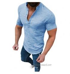 Cotton Linen Shirts for Men Short Sleeve Summer Tee Button Up Hawaiian Shirt Relaxed-Fit Vintage Casual Beach Top Blouse