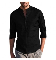 Holzkary Baggy 3/4 Sleeve/Long Sleeve Tops Casual Cotton Linen Quick-Dry Henley Shirts/Hoodies for Men