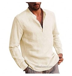 Men's Cotton Linen Henley Shirt Long/Short Sleeve Loose Fit Hippie Casual Beach T Shirts Tops