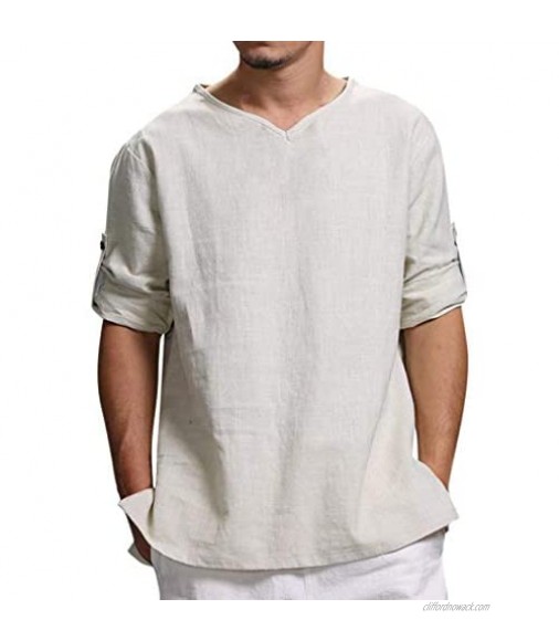 Men's Cotton Linen T-Shirt Long Sleeve Shirt Beach Yoga Loose Fit Henleys Tops Baggy Casual Hippie V Neck T Shirts