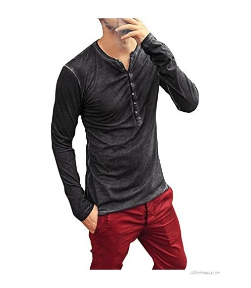 Men's Leisure Distressed V-Neck Henley Shirt Autumn Long Sleeve Casual Vintage T-Shirt Top Blouse Black