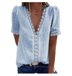 BIOHANBLE Womens Summer Chiffon V Neck Crochet Eyelet Lace Short Sleeve Casual Loose Ladies Tops Shirts Tunics Blouses