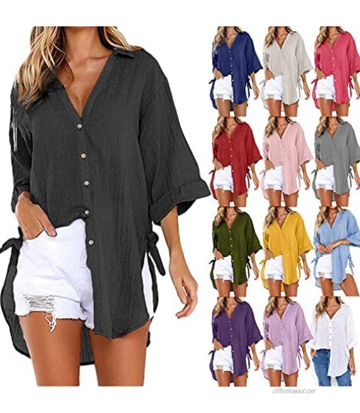 Fankle Button Down Shirts for Women 3/4 Sleeve Plus Size Loose Fit Casual Collared Blouses Tops Oversized Comfy
