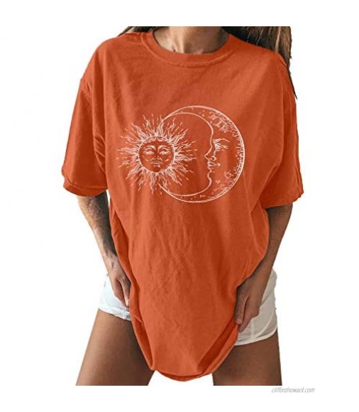 HAM Womens Graphic Tees Summer Vintage Short Sleeve Cotton Moon and Sun Printed T Shirts Tops