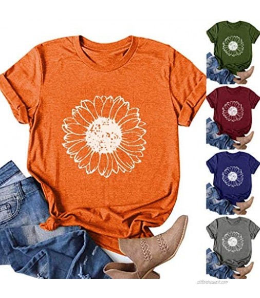 Jaqqra Summer Tops for Women Womens Short Sleeve Tops Sunflower Print O-Neck T-Shirts Casual Loose Blouse Tunic Tee Top
