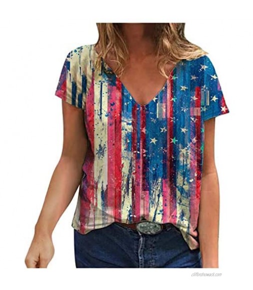 Maryia Womens Plus Size Summer Casual Short Sleeve Deep V Neck Fashion Tunic Tops 4th of July Patriotic T Shirts