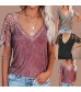 Meichang Ladies Deep V Neck Tops Lace Short Sleeve T Shirts Solid Color Blouse Summer Thin Pullover Tee