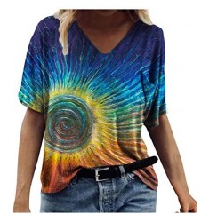 MJKK Graphic Tees for Women Abstract Prints V-Neck Tops Short Sleeve T-Shirts Colorful Blouses