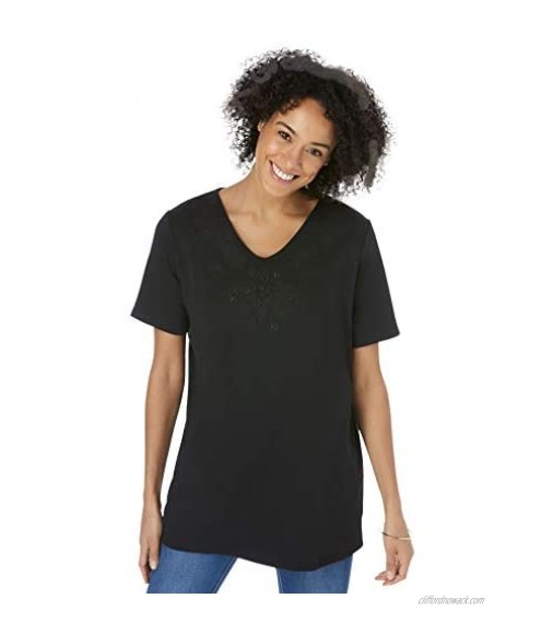 Woman Within Women's Plus Size Embroidered V-Neck Tee