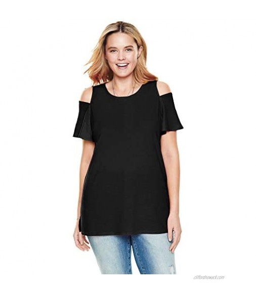Woman Within Women's Plus Size Short-Sleeve Cold-Shoulder Tee Shirt - 14/16 Black