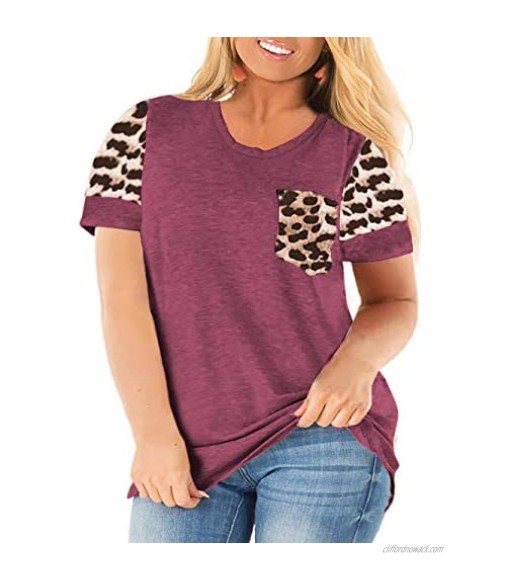 Women's Plus Size Tee Shirt Summer Casual Leopard Tunics Blouse Tops Wine Red 22W