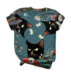 Womens T Shirts Short Sleeve Graphic 3D Cat Flower Pattern Printed Crewneck Tee Tops Plus Size