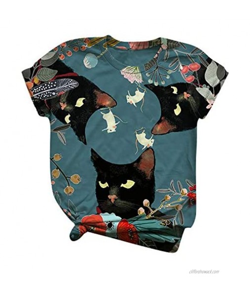 Womens T Shirts Short Sleeve Graphic 3D Cat Flower Pattern Printed Crewneck Tee Tops Plus Size